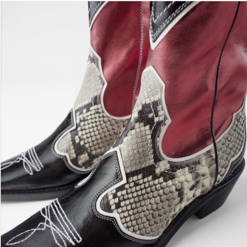 NWT Piece Zara Snake Skin Burgundy Leather Cowboy Boot